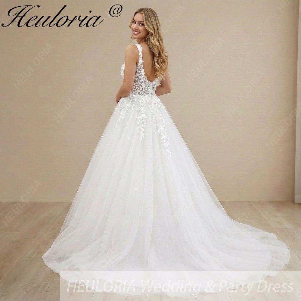 HEULORIA Enchanting Leaf Lace A-Line Wedding Dress - Shimmering Tulle & Plunging Illusion V-Neck AL-1010