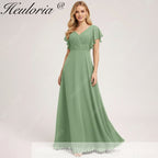 HEULORIA Long Bridemaid dress short sleeve V neck chiffon party dress formal dress ED-133