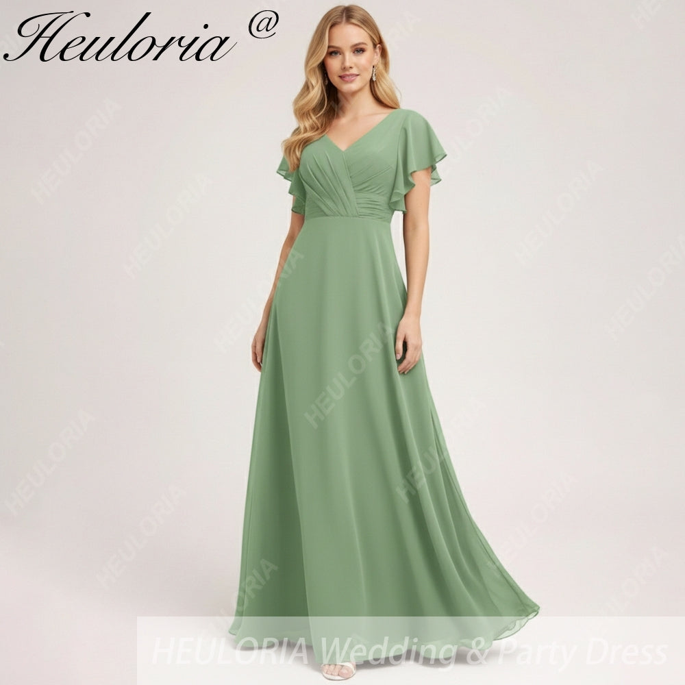 HEULORIA Long Bridemaid dress short sleeve V neck chiffon party dress formal dress ED-133