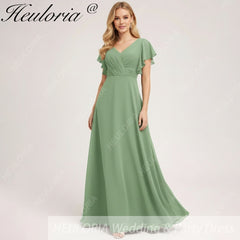 HEULORIA Long Bridemaid dress short sleeve V neck chiffon party dress formal dress ED-133