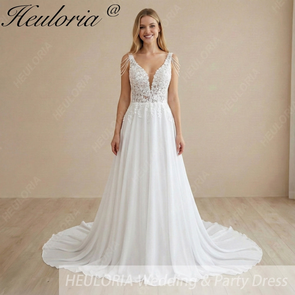 HEULORIA Romantic A-Line Lace Wedding Dress with Deep V-Neck and Crystal Beaded Shoulder Drapes AL-995
