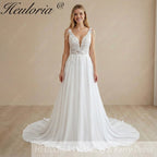 HEULORIA Romantic A-Line Lace Wedding Dress with Deep V-Neck and Crystal Beaded Shoulder Drapes AL-995