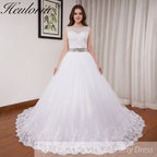 HEULORIA princess ball gown wedding dress o neck lace applique sequin belt beading bride dress court train BA-0117