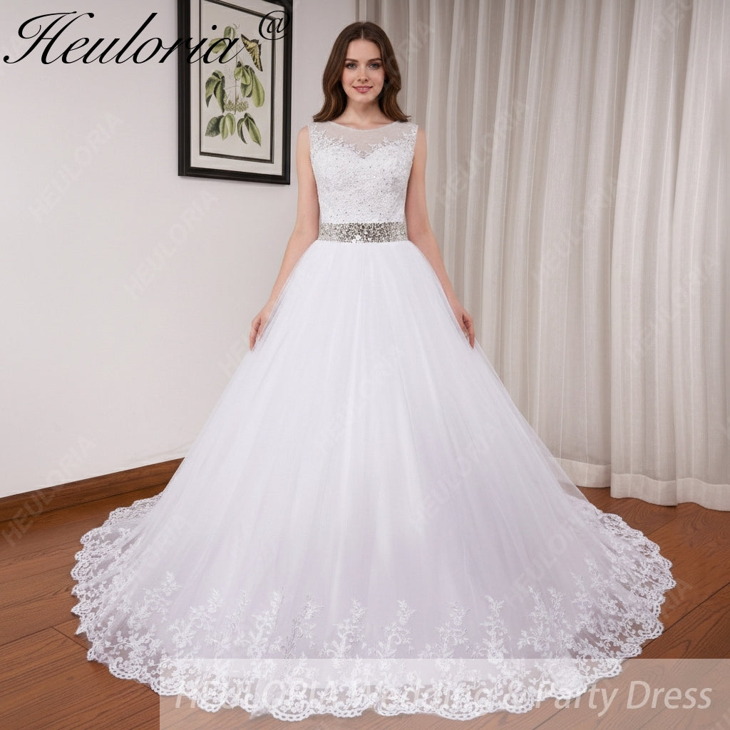 HEULORIA princess ball gown wedding dress o neck lace applique sequin belt beading bride dress court train BA-0117