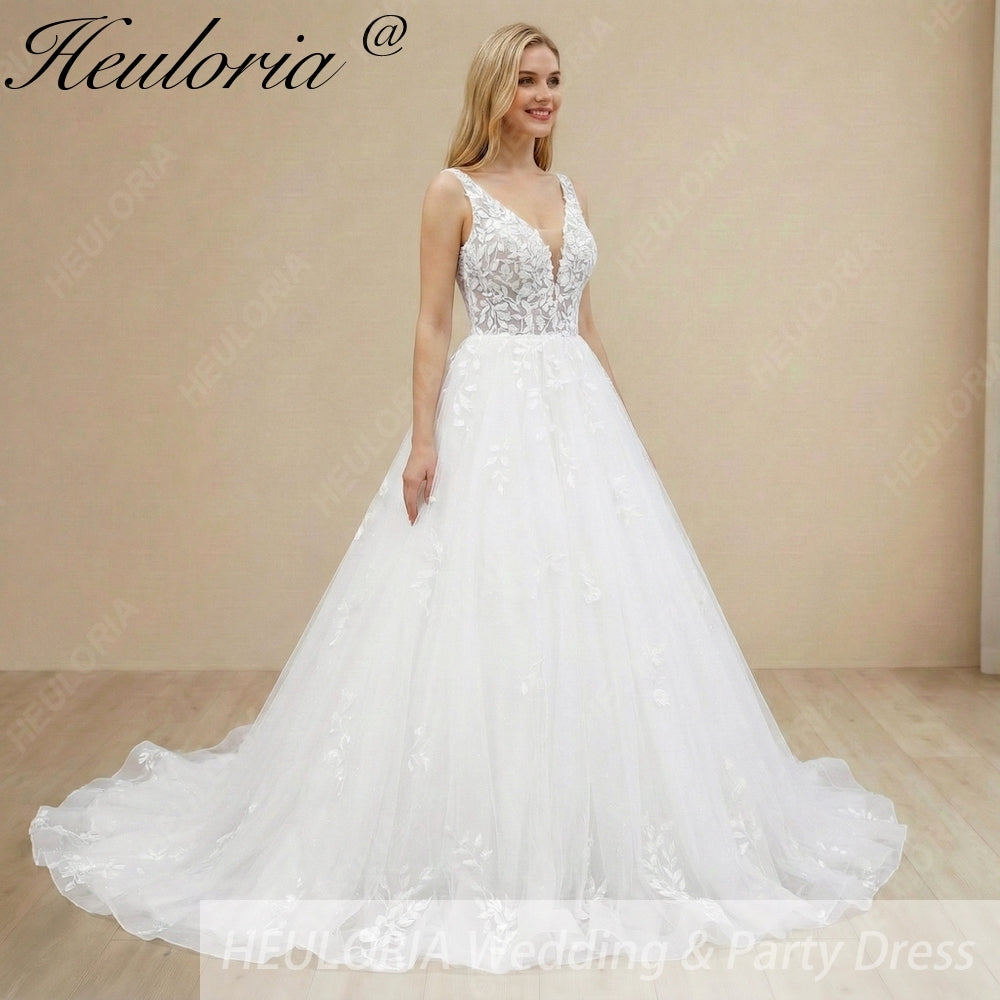Heuloria Ethereal Deep V-Neck Leaf Lace Ballgown Wedding Dress with Shimmer Tulle & Corset Back BA-1047