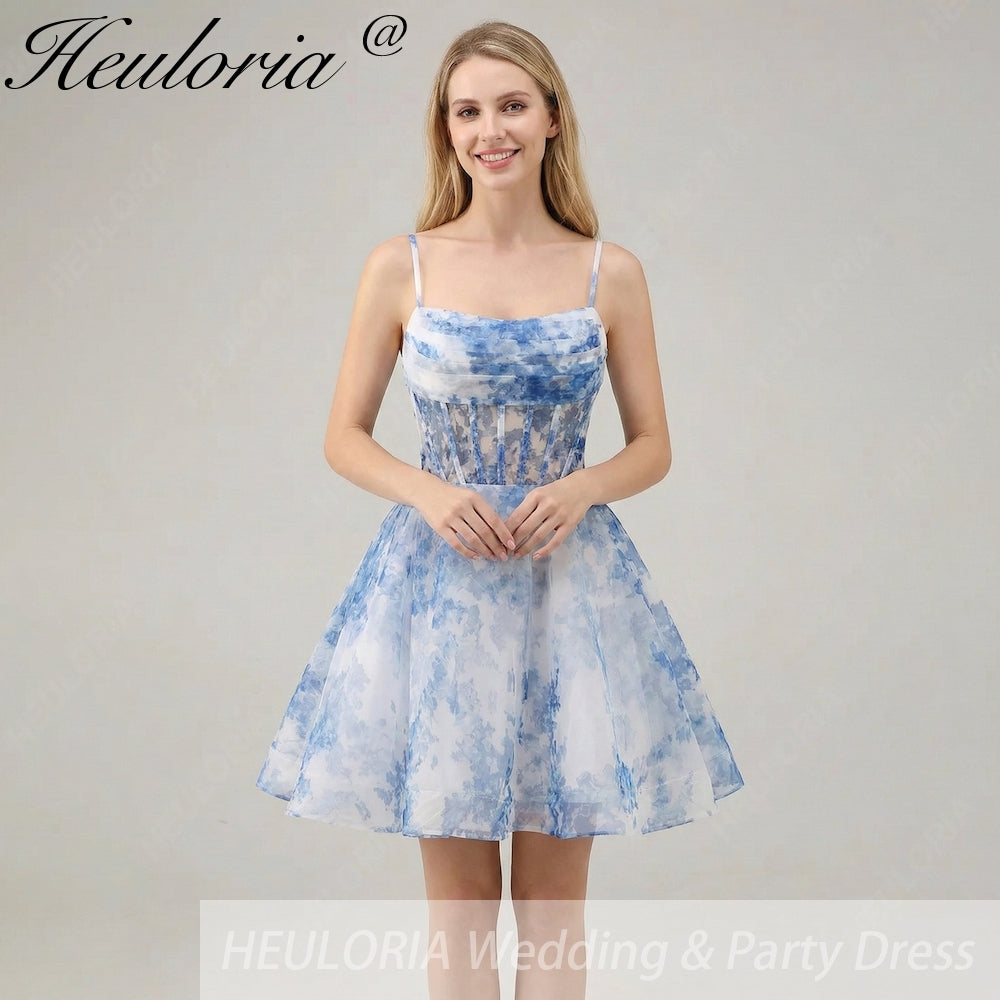 HEULORIA Blue Watercolor Floral Corset Mini Dress with Pleated Neckline & Spaghetti Straps Homecoming DressED-292 Image principale du produit