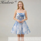 HEULORIA Blue Watercolor Floral Corset Mini Dress with Pleated Neckline & Spaghetti Straps Homecoming DressED-292