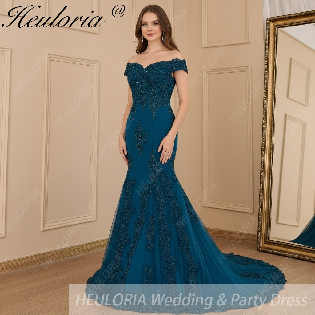 HEULORIA mermaid evening dress off shoulder lace beading wedding party dress long train formal prom dress ME-607 Image secondaire du produit