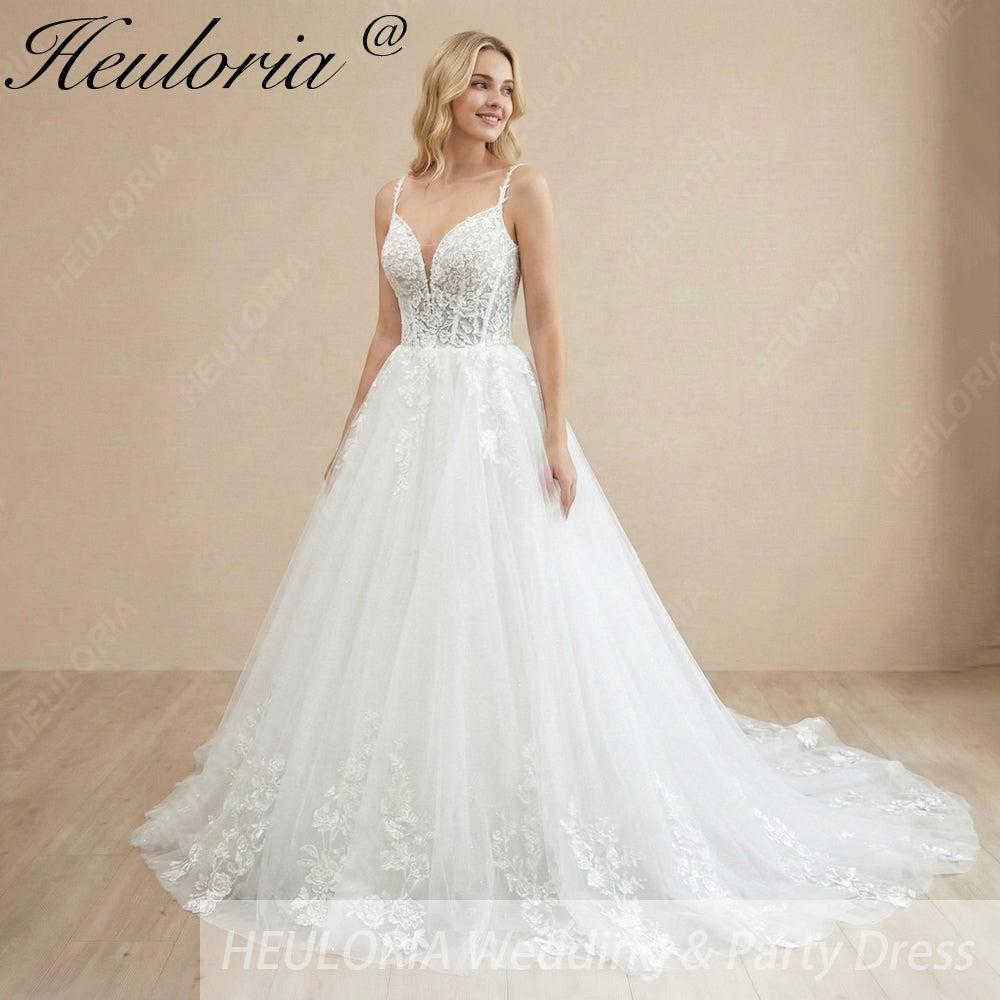 HEULORIA  elegant A line wedding dress Spaghetti Strap lace applique bridal dress Robe De Mariee Wedding Bride Dress AL-1073