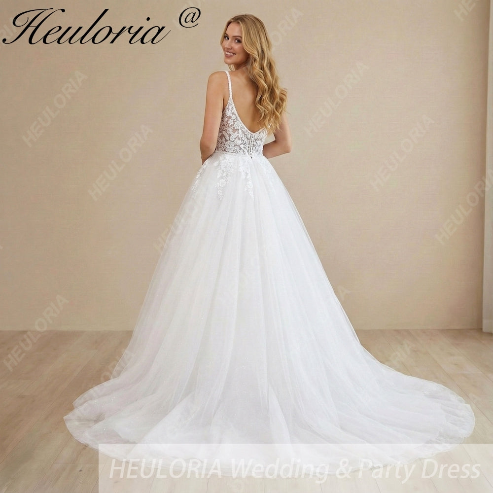 HEULORIA Ethereal Floral Lace A-Line Wedding Dress - Plunging V-Neck with Beaded Spaghetti Straps AL-1069