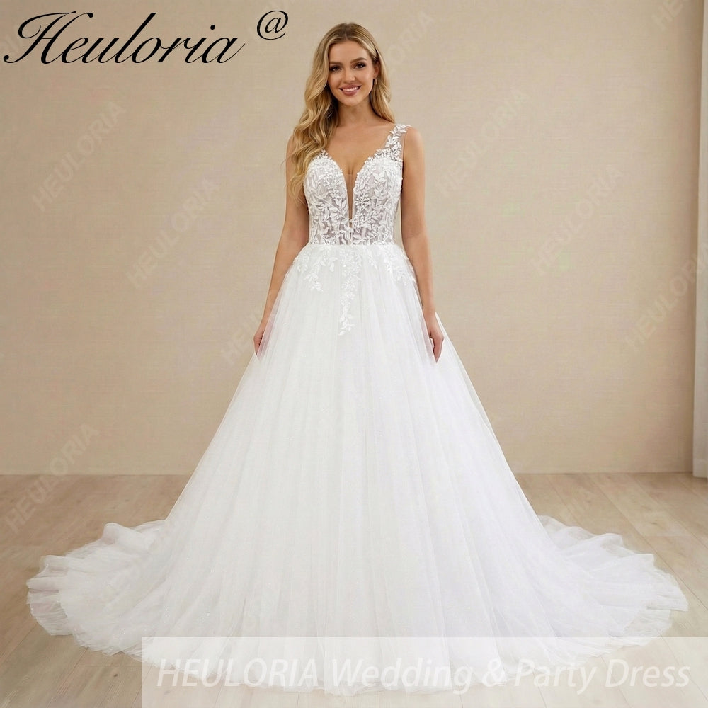 HEULORIA Deep V-Neck Floral Lace A-Line Wedding Dress with Glitter Tulle & Corset Back AL-1036 Main image
