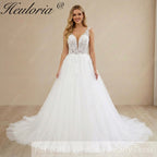 HEULORIA Deep V-Neck Floral Lace A-Line Wedding Dress with Glitter Tulle & Corset Back AL-1036