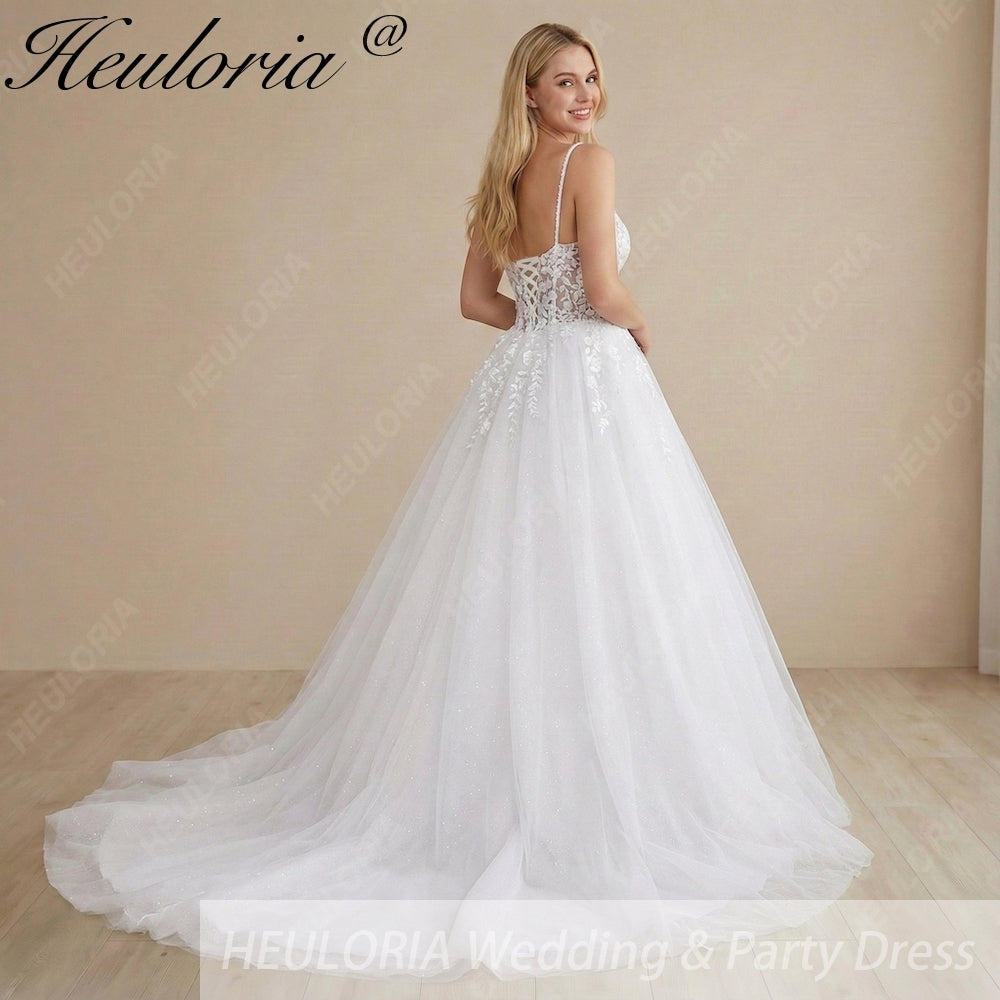 HEULORIA Sparkling Floral Lace Ball Gown Wedding Dress with Dainty Spaghetti Straps and Corset Bodice AL-1012 Secondary image