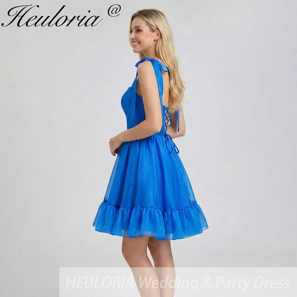 HEULORIA Royal Blue Sweetheart Tie-Strap Short Homecoming Dress - Ruffled Corset Back Cocktail Gown ED-295