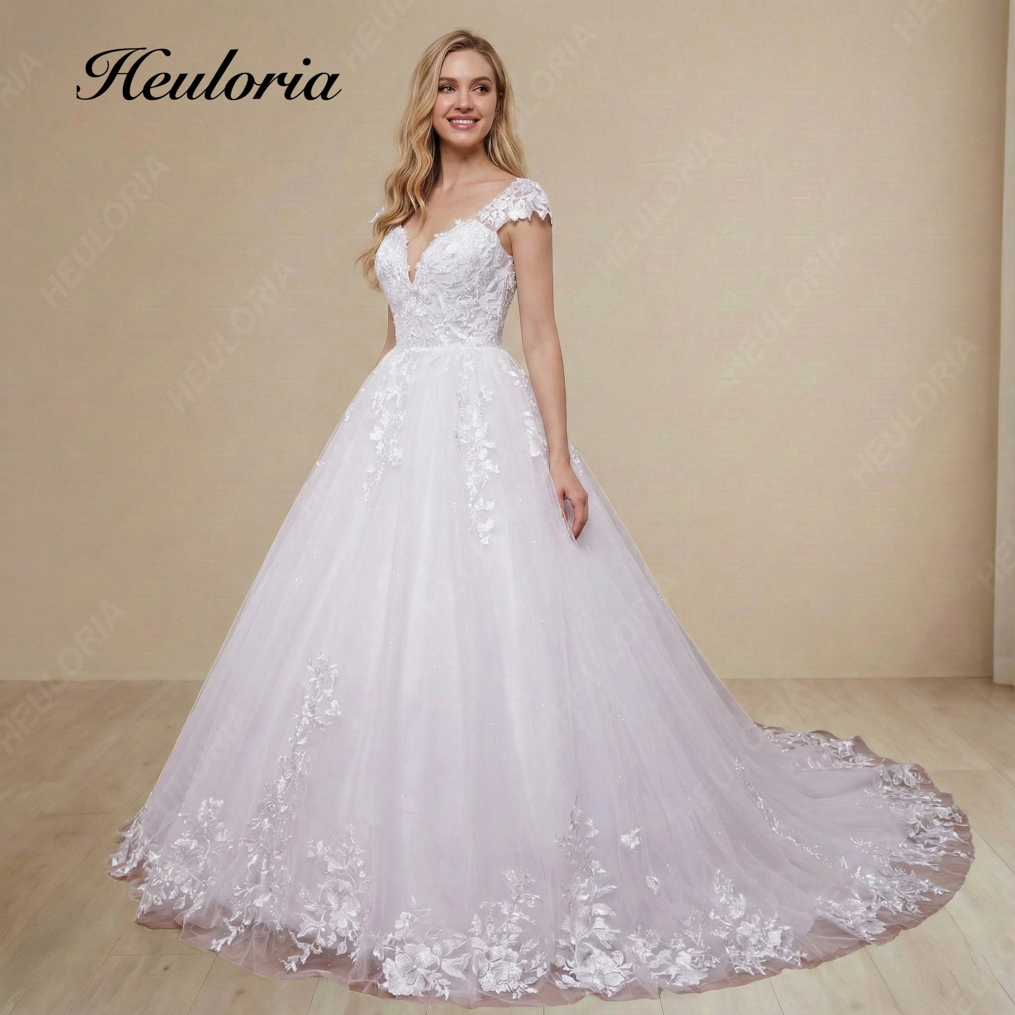 HEULORIA  Elegant V-Neck Lace Cap Sleeve Wedding Dress with Scalloped Floral Train BA-642
