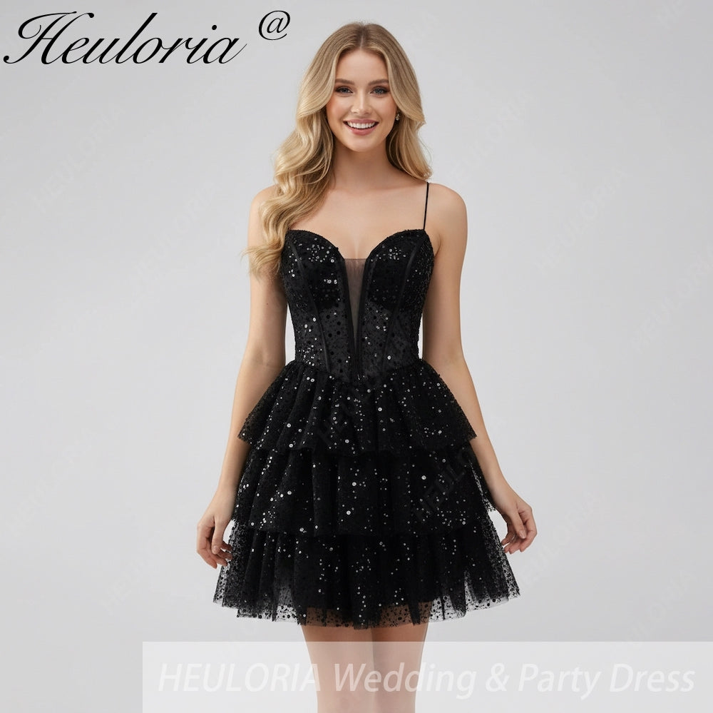 HEULORIA Sparkling Black Sequined Tiered Mini Homecoming Dress - Illusion Deep V & Spaghetti Straps ED-307