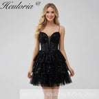HEULORIA Sparkling Black Sequined Tiered Mini Homecoming Dress - Illusion Deep V & Spaghetti Straps ED-307