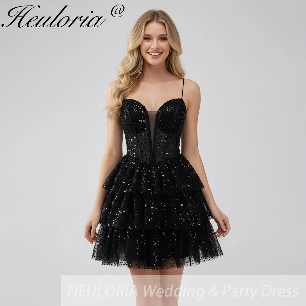 HEULORIA Sparkling Black Sequined Tiered Mini Homecoming Dress - Illusion Deep V & Spaghetti Straps ED-307