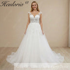 HEULORIA Ethereal Leaf Lace A-Line Wedding Dress with Illusion Neckline and Delicate Cap Sleeves AL-1029