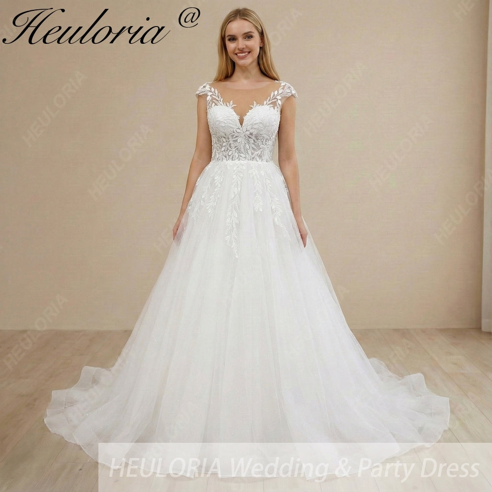 HEULORIA Ethereal Leaf Lace A-Line Wedding Dress with Illusion Neckline and Delicate Cap Sleeves AL-1029