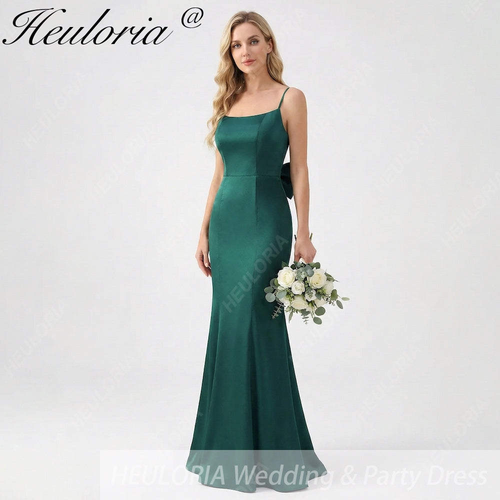 HEULORIA Elegant Satin Mermaid Evening Gown - Square Neck Spaghetti Strap with Oversized Bow & Cascading Ruffles ED-264