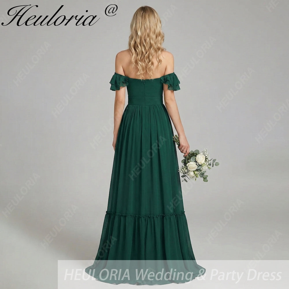 HEULORIA Dark Green A Line Off The Shoulder Chiffon Ruched Long Bridesmaid Dress ED-245