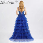 HEULORIA Royal Blue Tiered Tulle Prom Dress - 3D Floral Appliqué Corset Gown with Lace-Up Back ED-223