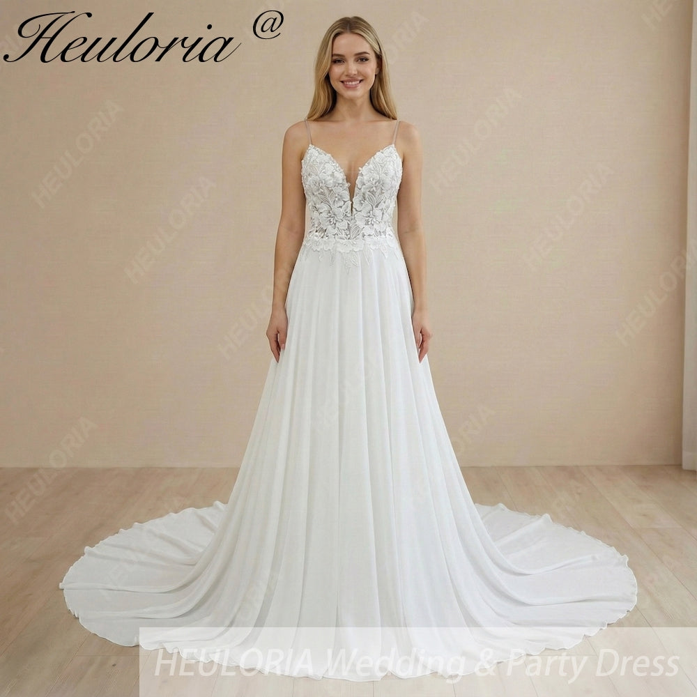HEULORIA Ethereal Floral Lace V-Neck Wedding Dress with Unique Triple-Strap Back & Illusion Bodice AL-1049