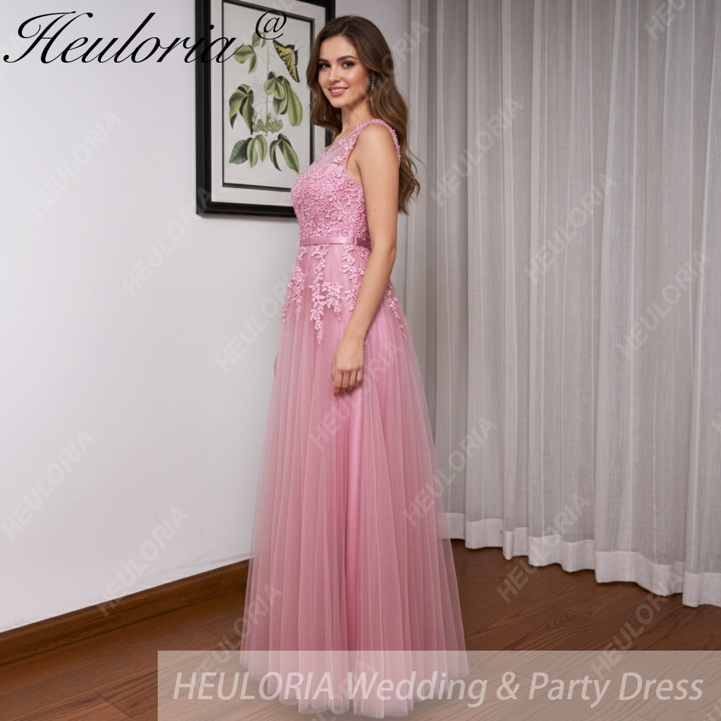 HEULORIA Long Bridemaid dress round neck lace beads tulle party dress formal dress ED-75P Imagen secundaria del producto