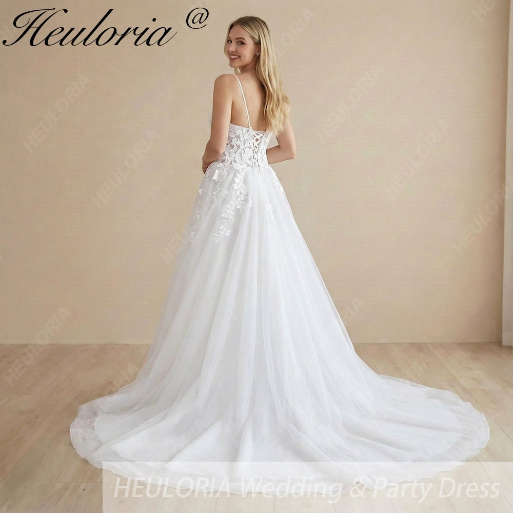 HEULORIA  elegant A line wedding dress Spaghetti Strap lace applique bridal dress Robe De Mariee Wedding Bride Dress AL-999