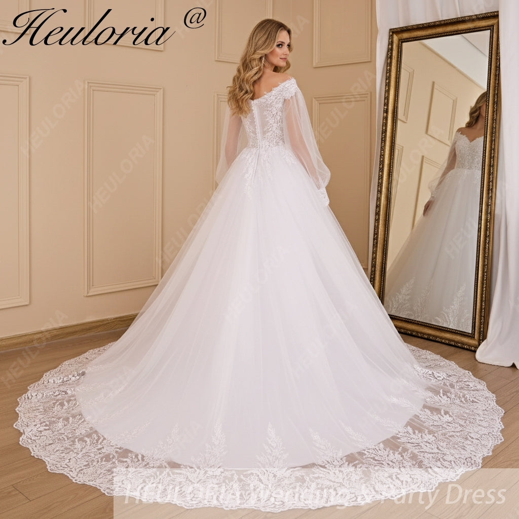 HEULORIA Ball-Gown/Princess V-Neck long sleeve Cathedral Train Tulle Lace Wedding Dress With Sequins BA-711A