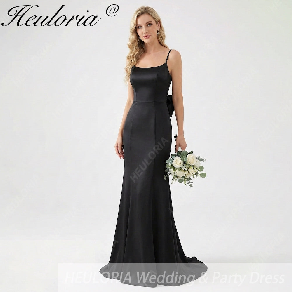 HEULORIA Elegant Satin Mermaid Evening Gown - Square Neck Spaghetti Strap with Oversized Bow & Cascading Ruffles ED-264