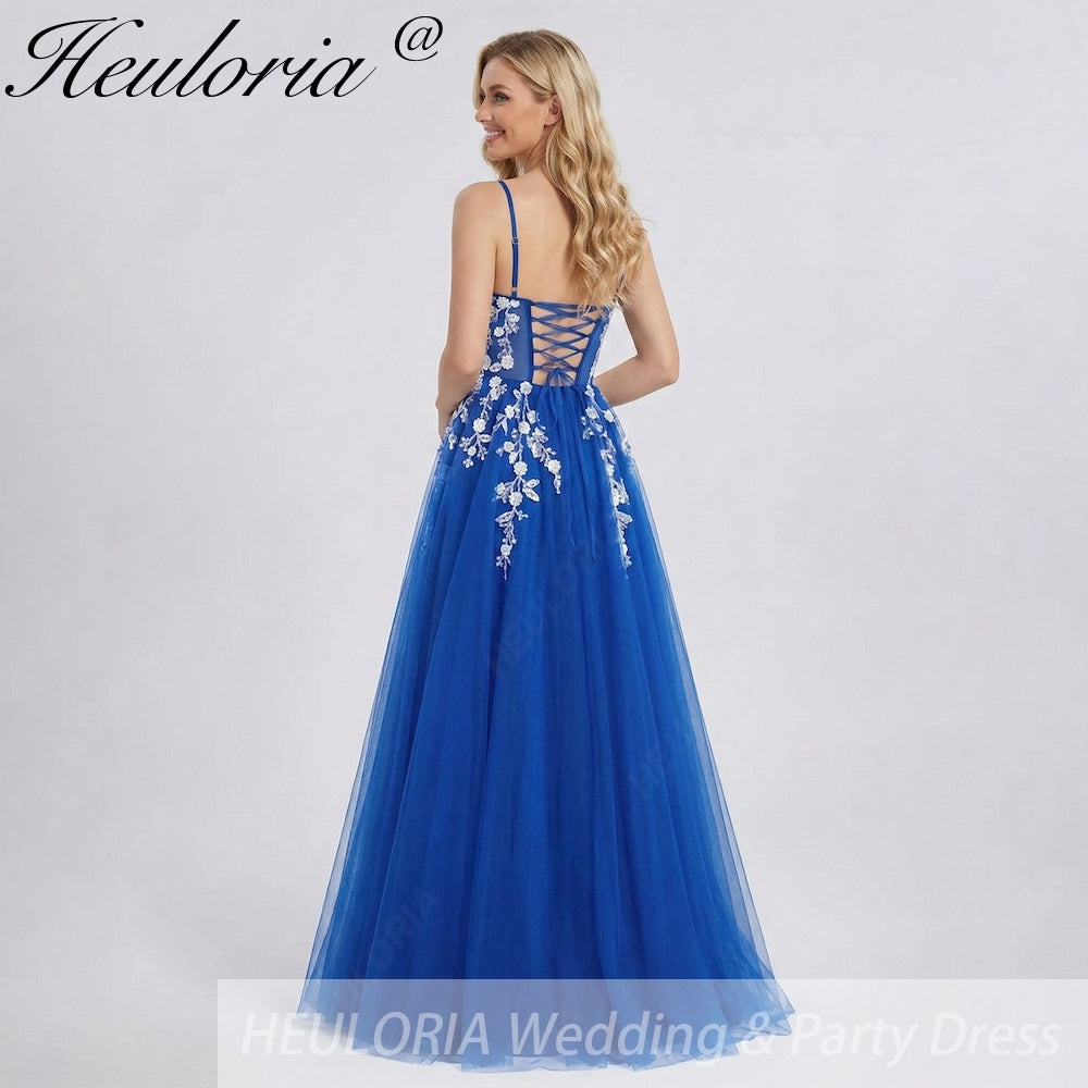 HEULORIA Enchanting 3D Floral Applique V-Neck Tulle A-Line Prom Dress - Corset Back Formal Gown ED-341