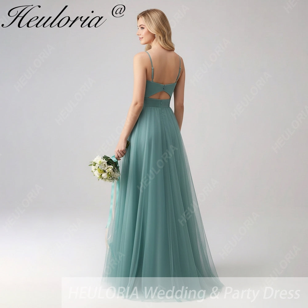 HEULORIA Eucalyptus Green Sweetheart Tulle Bridesmaid Dress with Cutout Back and Spaghetti Straps ED-247