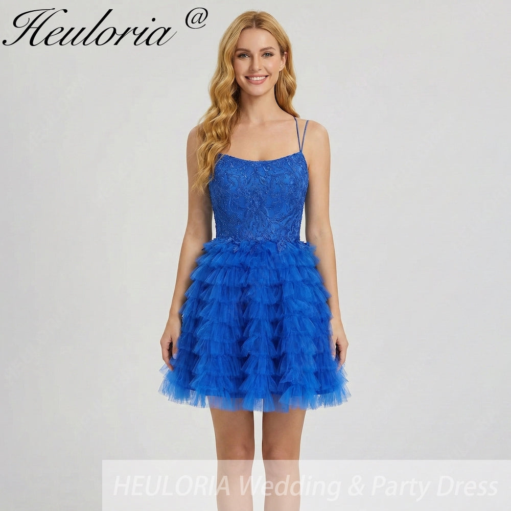 HEULORIA Royal Blue Tiered Ruffle Short Homecoming Dress - Lace Applique Bodice & Corset Back ED-284 Image principale du produit