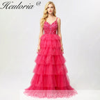 HEULORIA Fuchsia V-Neck Tiered Tulle Prom Dress with Sequin Floral Bodice and Lace-Up Back ED-222
