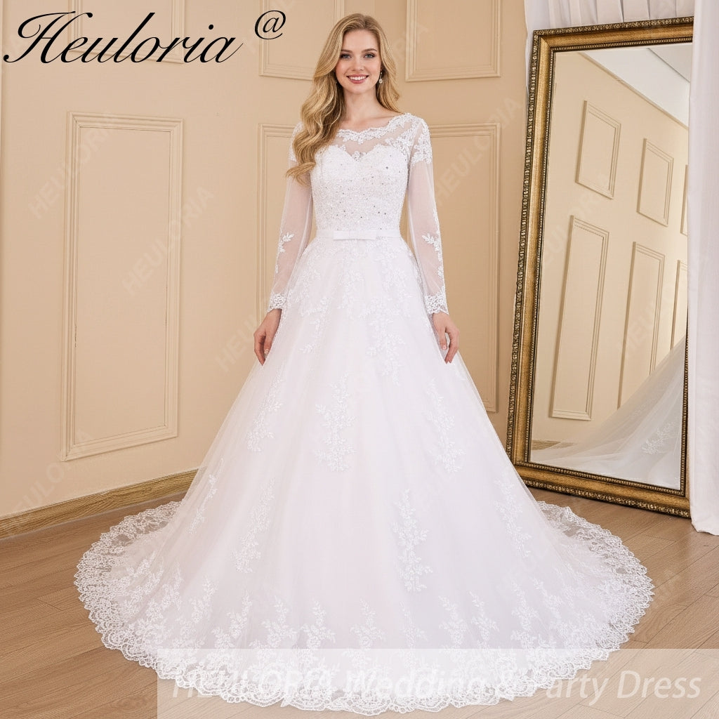 HEULORIA princess Wedding Dress long sleeve round neck bride dress lace beading lace up Plus size wedding gown BA-613