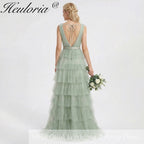 HEULORIA Sage Green Tiered Tulle V-Neck Evening Gown - Deep V-Back Formal Dress ED-267