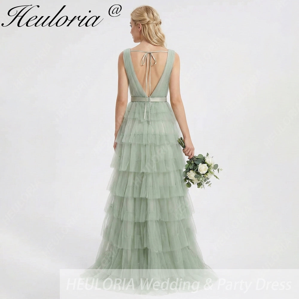 HEULORIA Sage Green Tiered Tulle V-Neck Evening Gown - Deep V-Back Formal Dress ED-267