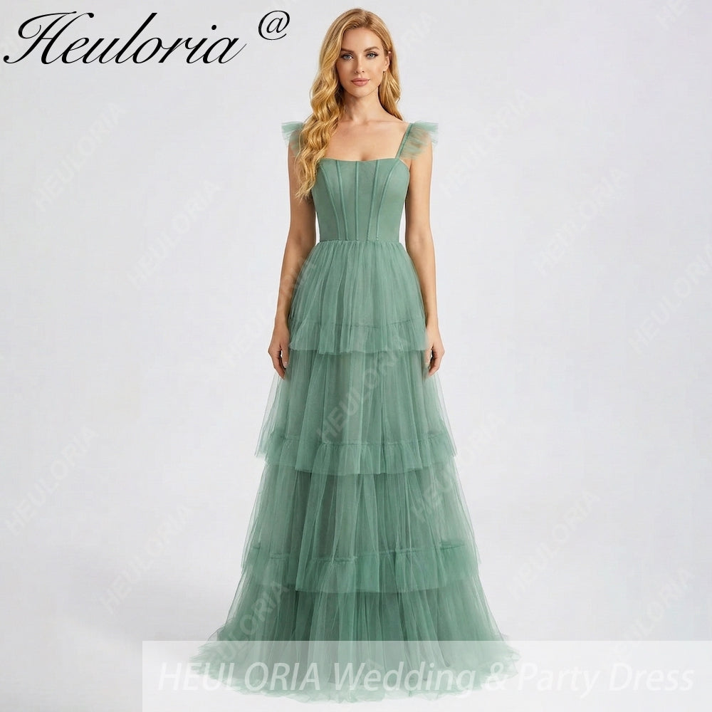 HEULORIA Romantic Tiered Tulle Corset Gown with Ruffled Straps and Lace-Up Back Formal Dress ED-226