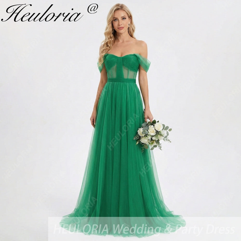 HEULORIA Emerald Green Off-the-Shoulder Tulle Gown - Corset Bodice A-Line Evening Dress ED-262