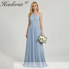 HEULORIA Dusty Blue Halter Keyhole Pleated Chiffon Bridesmaid Dress - Floor Length ED-246