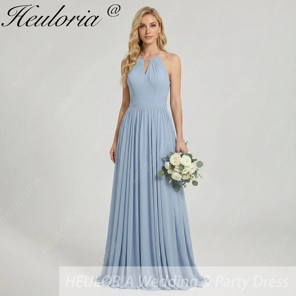 HEULORIA Dusty Blue Halter Keyhole Pleated Chiffon Bridesmaid Dress - Floor Length ED-246