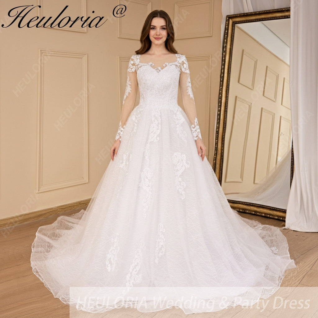HEULORIA A-line long sleeve Court Train Lace Wedding Dress With Sequins AL-692