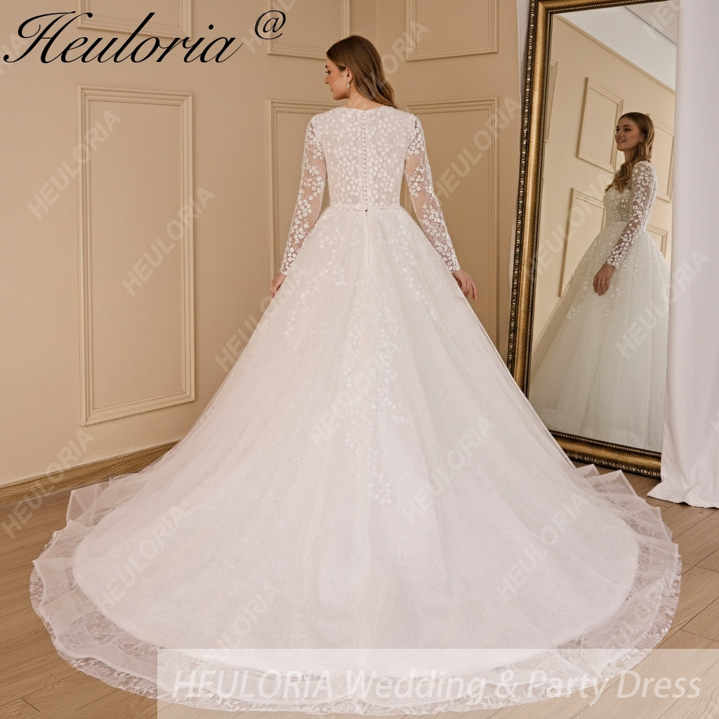 HEULORIA elegant wedding dress long sleeve 3D flower shinny robe de mariee Lace beading A line Wedding Bridal Gown BA-683