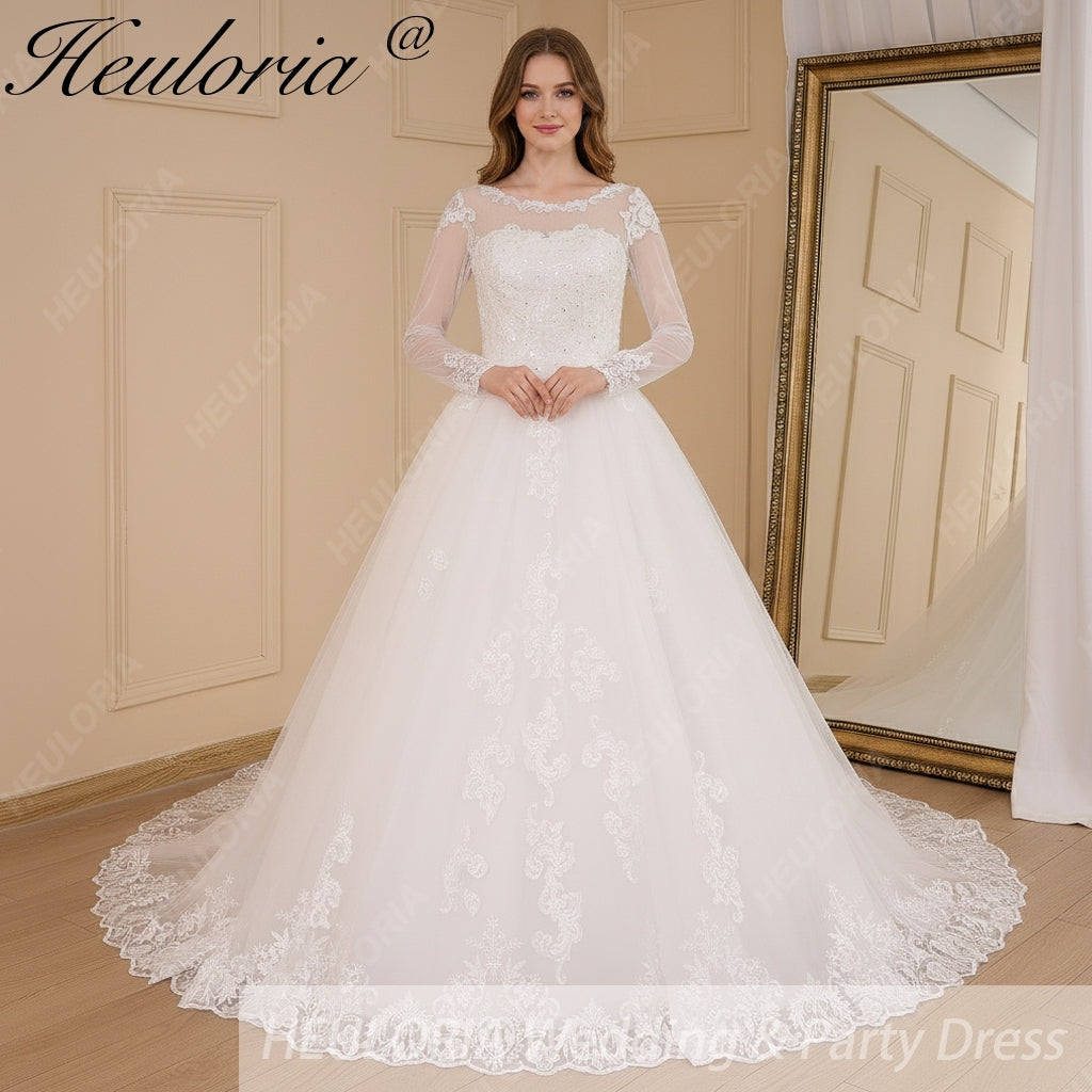 HEULORIA Princess Ball Gown Wedding Dress long sleeve bride dress O neck plus size robe de mariee Lace beading Bridal Gown BA-641