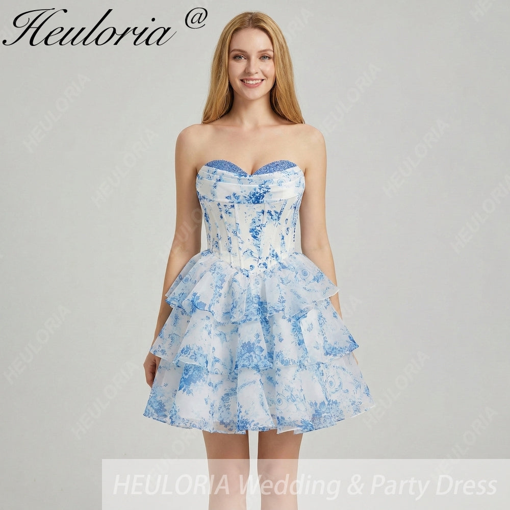 HEULORIA Strapless Sweetheart Floral Corset Mini Dress with Tiered Ruffle Skirt ED-280