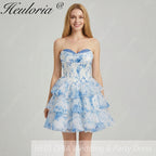 HEULORIA Strapless Sweetheart Floral Corset Mini Dress with Tiered Ruffle Skirt ED-280