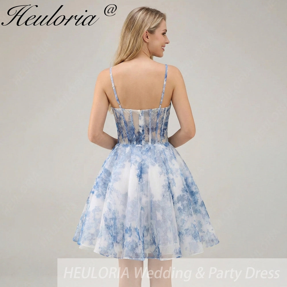 HEULORIA Blue Watercolor Floral Corset Mini Dress with Pleated Neckline & Spaghetti Straps Homecoming DressED-292 Image secondaire du produit