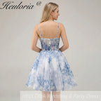 HEULORIA Blue Watercolor Floral Corset Mini Dress with Pleated Neckline & Spaghetti Straps Homecoming DressED-292